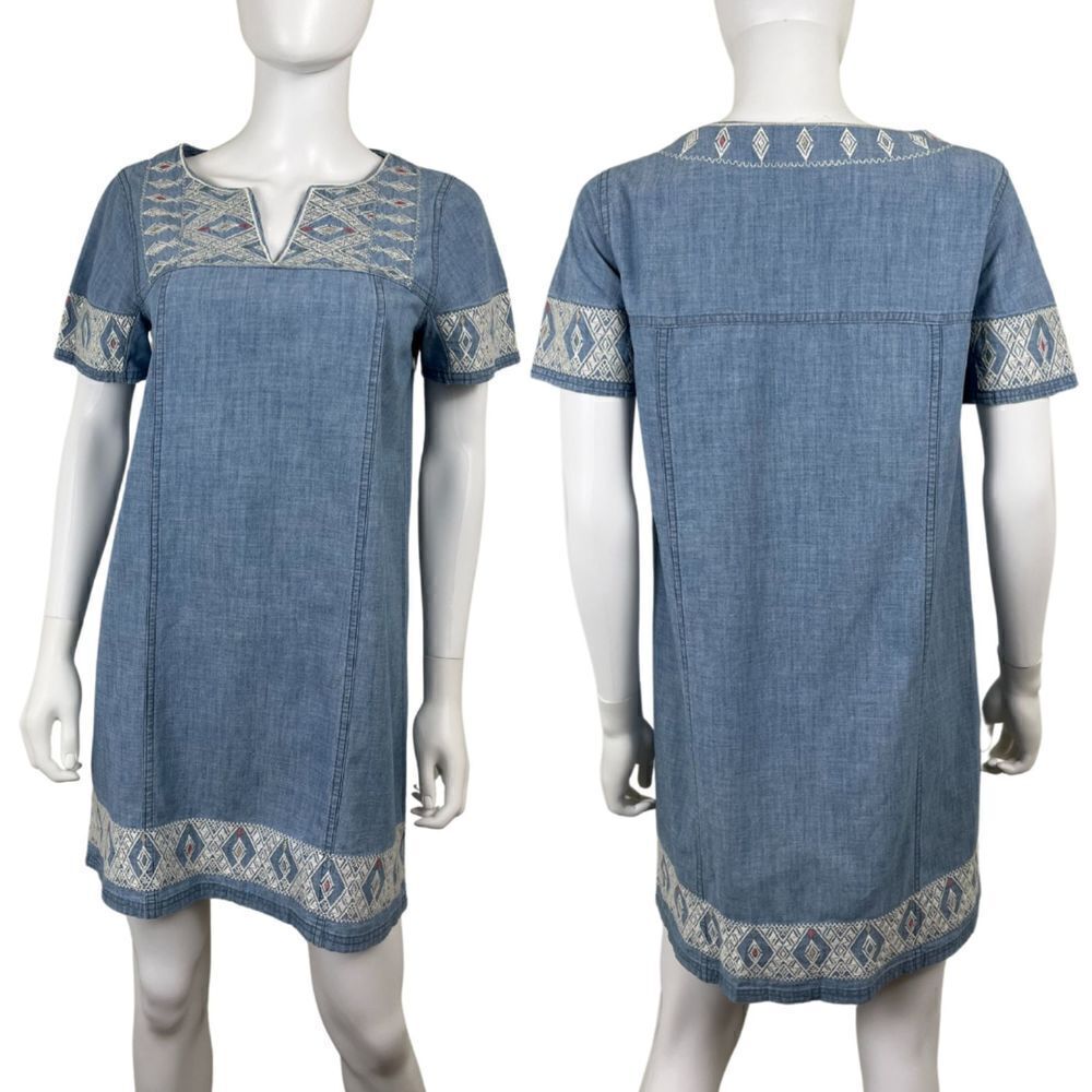 Madewell Womens Size S Embroidered Southwestern Chambray Mini Shift Dress FLAWED